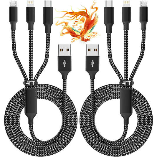 Travel Essentials Multi Charging Cable, USB Cable Universal Charger, 2Pc4Ft | 3 in 1 Phone Charger Cord with Type-C, Micro USB, L Port, Travel Charger for Iphone 17-8/Android, Car Camping Essentials