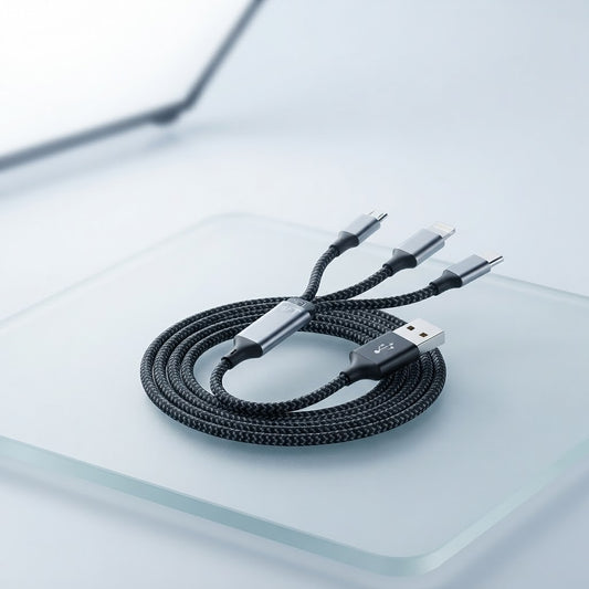 Flat lay of a 3-in-1 charging cable with USB-C, Lightning, and Micro-USB connectors visible on a white surface.