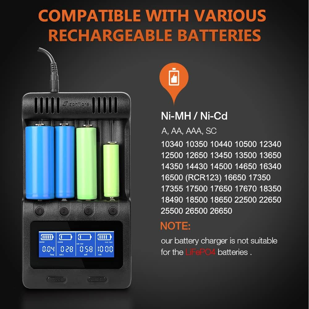 C4 LCD Display Speedy Universal Smart Battery Charger,Battery Capacity Analyzer for Rechargeable Batteries, Aa Battery Charger, 18650 Battery Charger