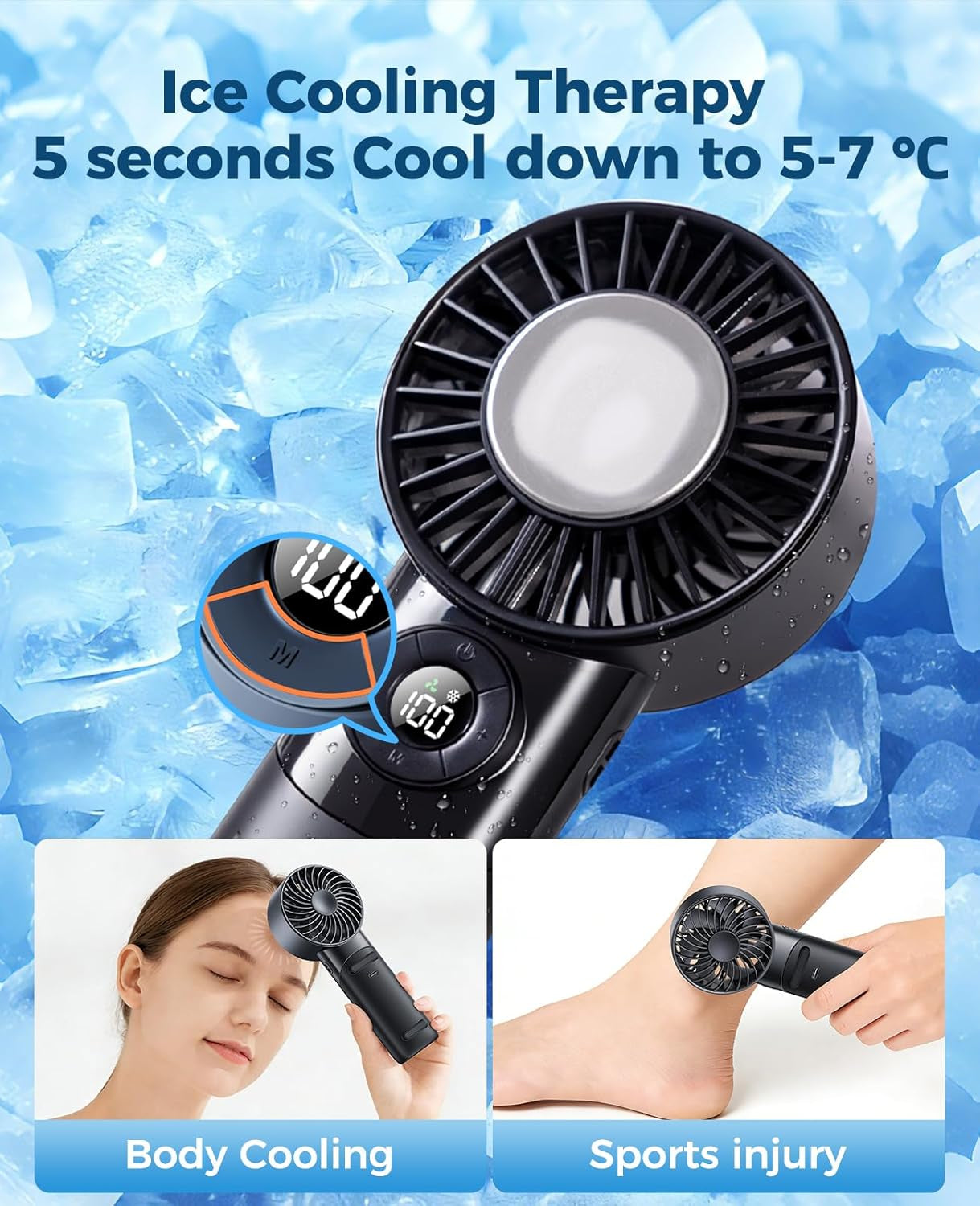 Portable Handheld Fan with Semiconductor Ice Cooling, 5 Seconds Cool down | 4000Mah Handheld Fan/Table Fan/Neck Fan 3 in 1, Rechargeable 10500 RPM Turbo Cooling Fan for Outdoor,Office,Camping,Travel