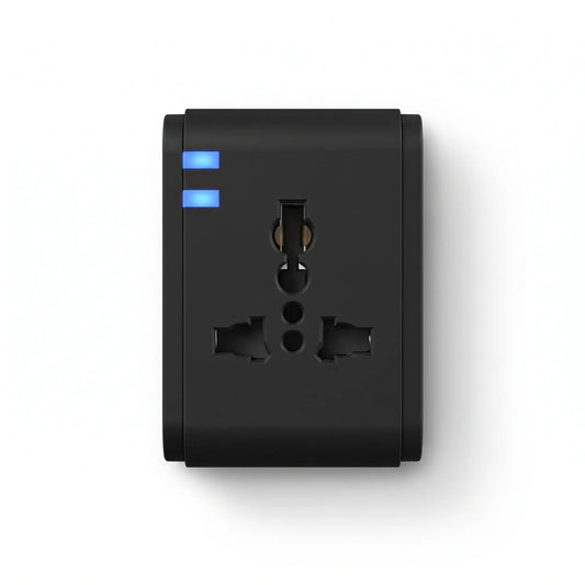 Universal adapter charging a smartphone and tablet simultaneously via two USB ports.	