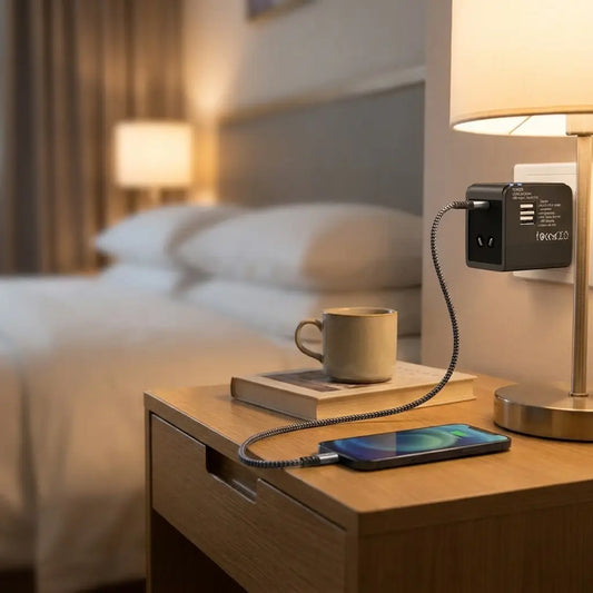 Close-up of travel adapter’s multiple USB ports and AC outlet on its body, ready for charging.