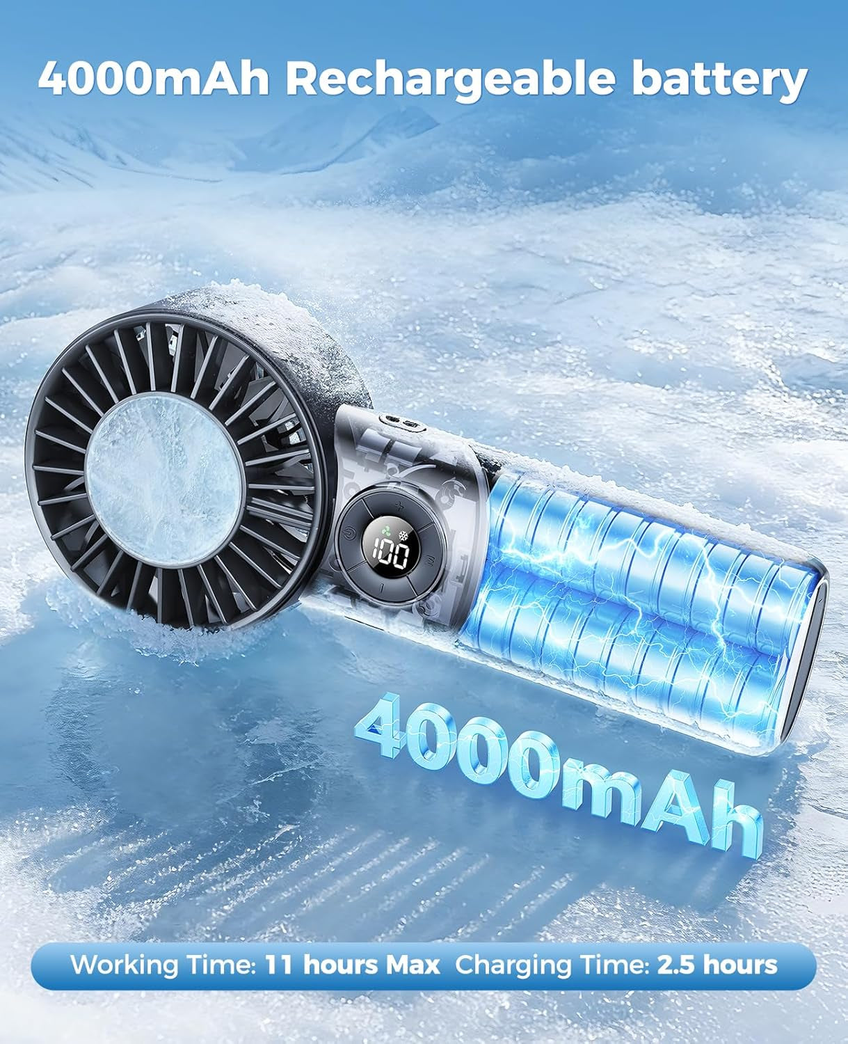 Portable Handheld Fan with Semiconductor Ice Cooling, 5 Seconds Cool down | 4000Mah Handheld Fan/Table Fan/Neck Fan 3 in 1, Rechargeable 10500 RPM Turbo Cooling Fan for Outdoor,Office,Camping,Travel