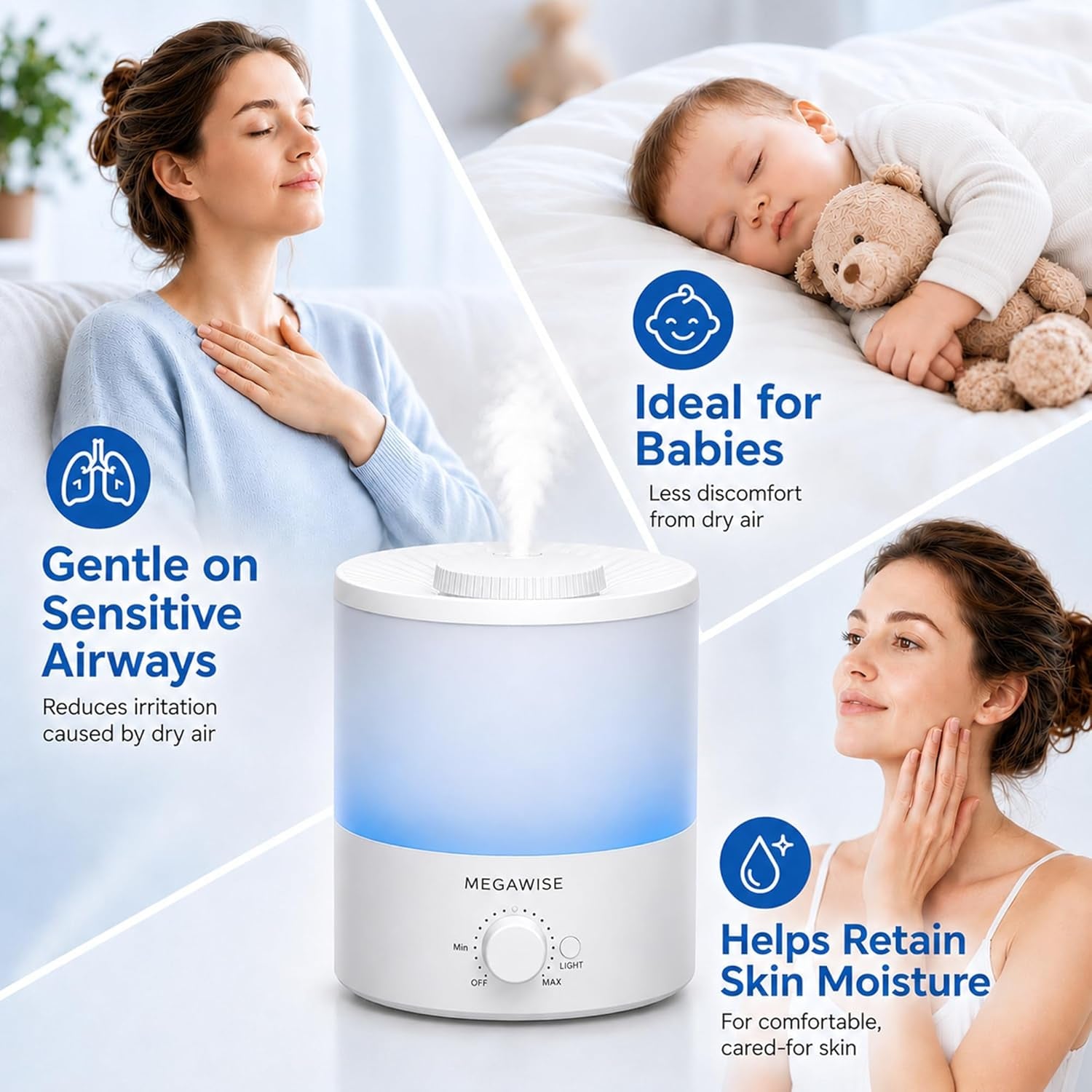 Ultrasonic Cool Mist Humidifier SK7620 - 1.5L Capacity, Whisper-Quiet Operation, Adjustable Mist Output, Auto Shut-Off - Ideal for Home, Office, Baby Room, and Bedroom