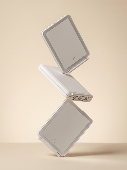 Round LED lighted makeup mirror on adjustable stand, tilted slightly on a dressing table.
