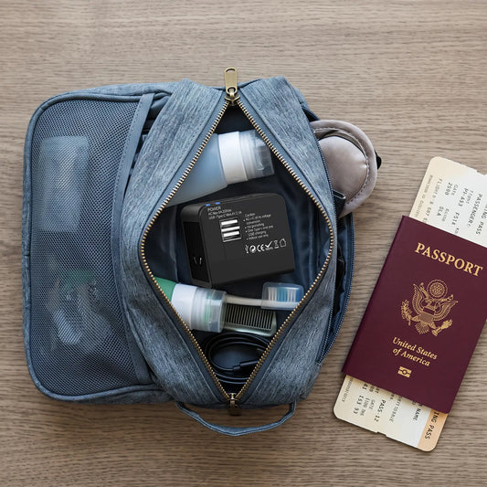 Open suitcase with travel items including a universal adapter, camera, and charging cables.