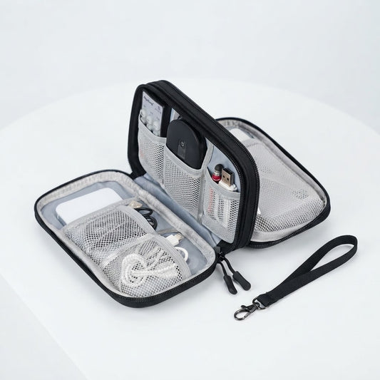 Open tech organizer case displaying neatly arranged charging cables, USB drives, and adapters.